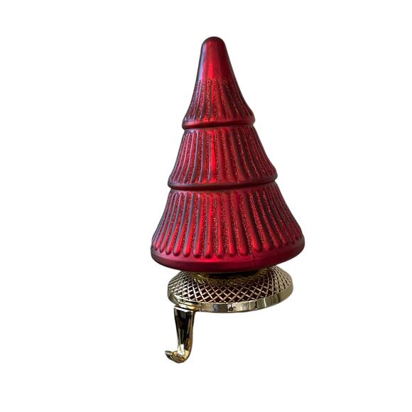 NEIMAN MARCUS Matte Christmas Tree Stocking Holder Holiday Red Glitter New - Picture 8 of 12